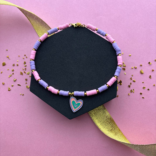 Kids Pink & Purple Fimo Beads Heart Necklace