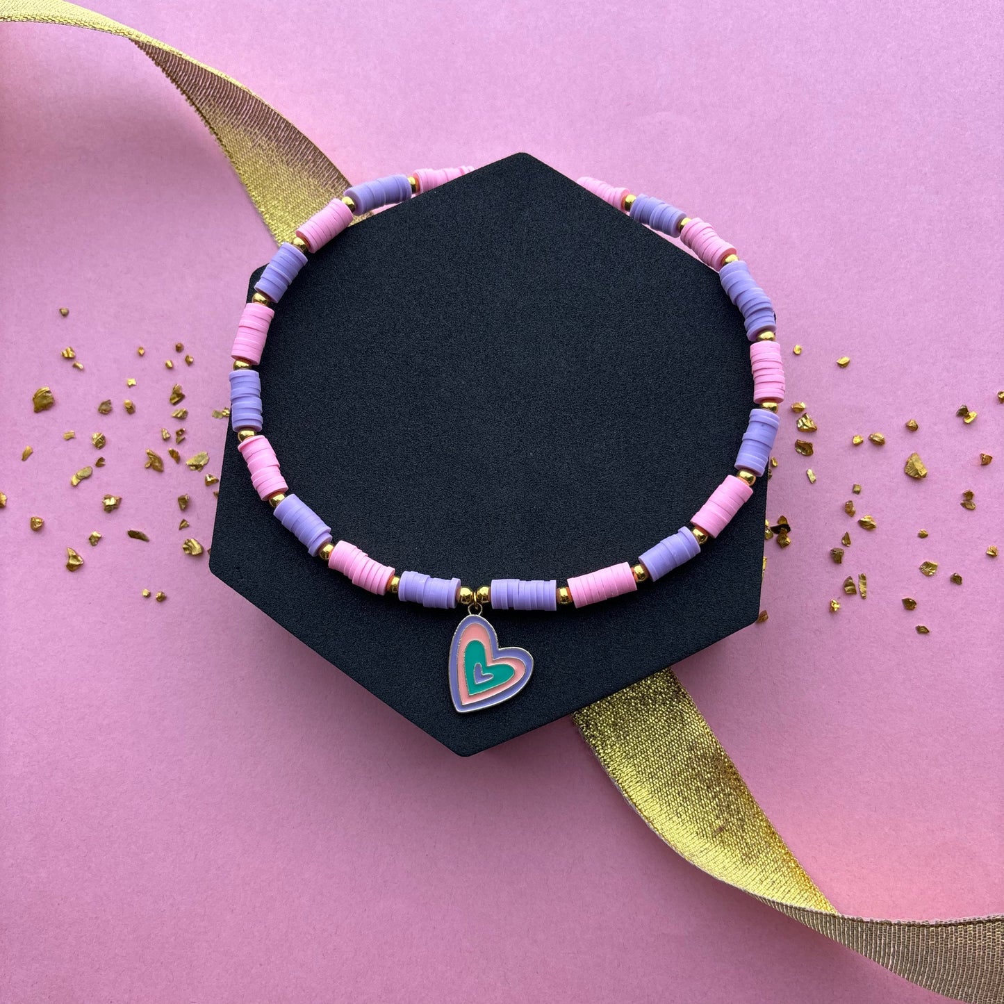 Kids Pink & Purple Fimo Beads Heart Necklace