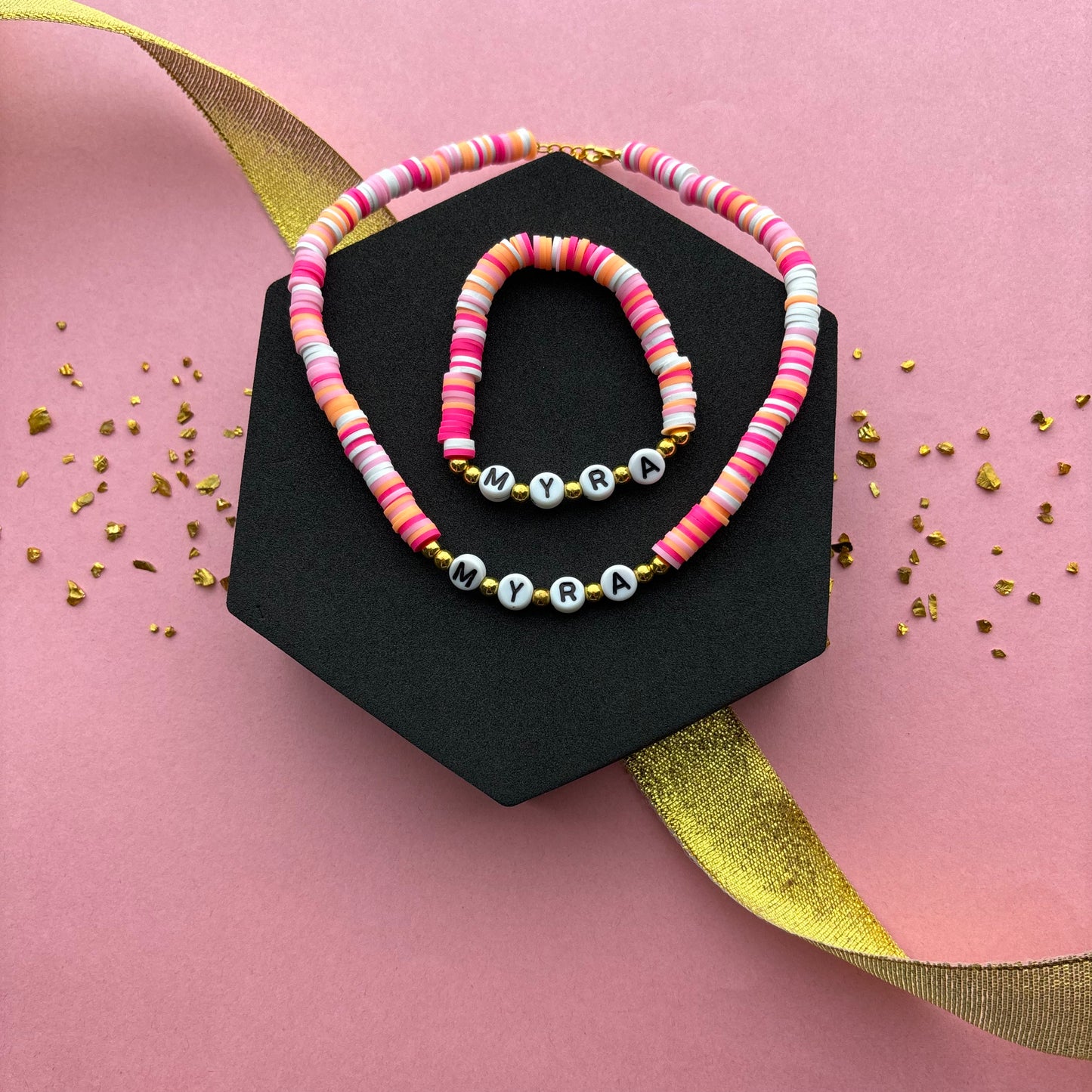 Kids Personalised Peachy Fimo Beads Necklace & Bracelet Combo