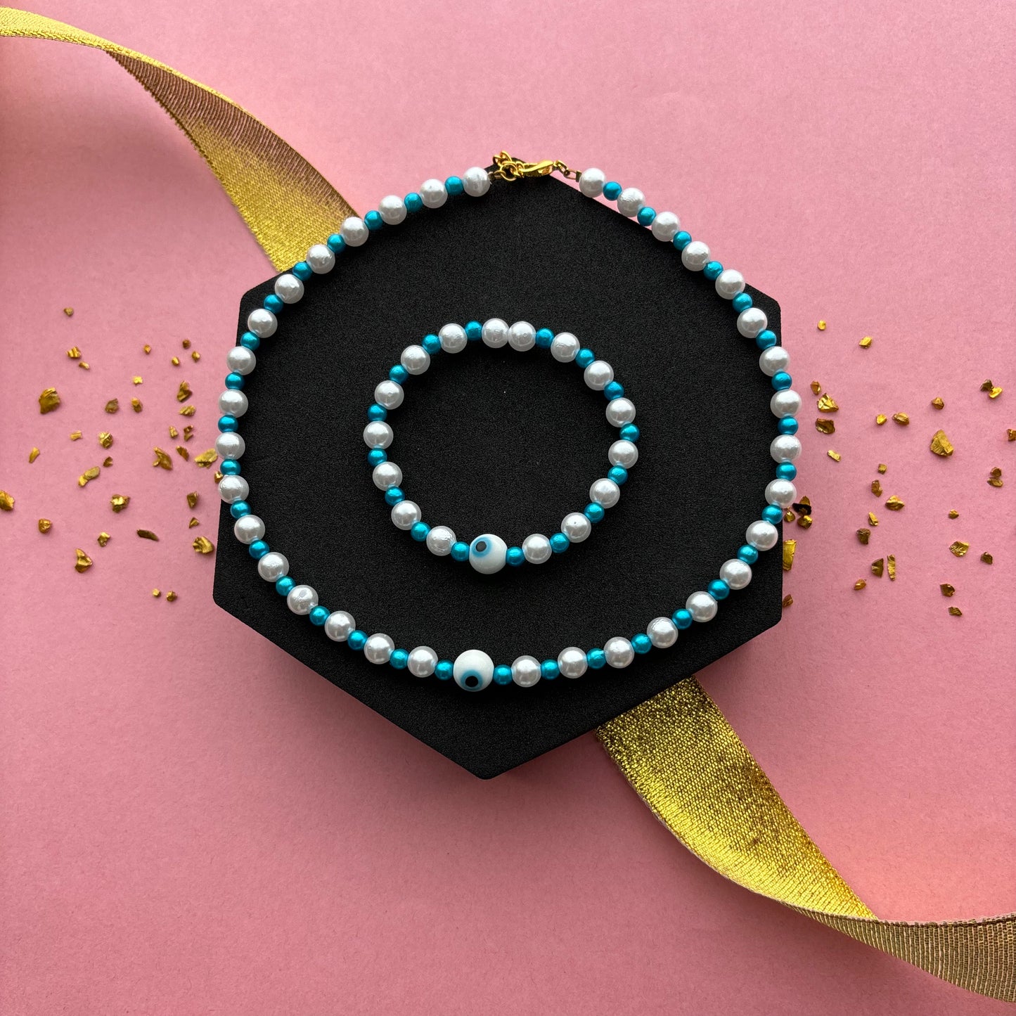 Kids Evil Eye Blue & White Necklace & Bracelet Combo