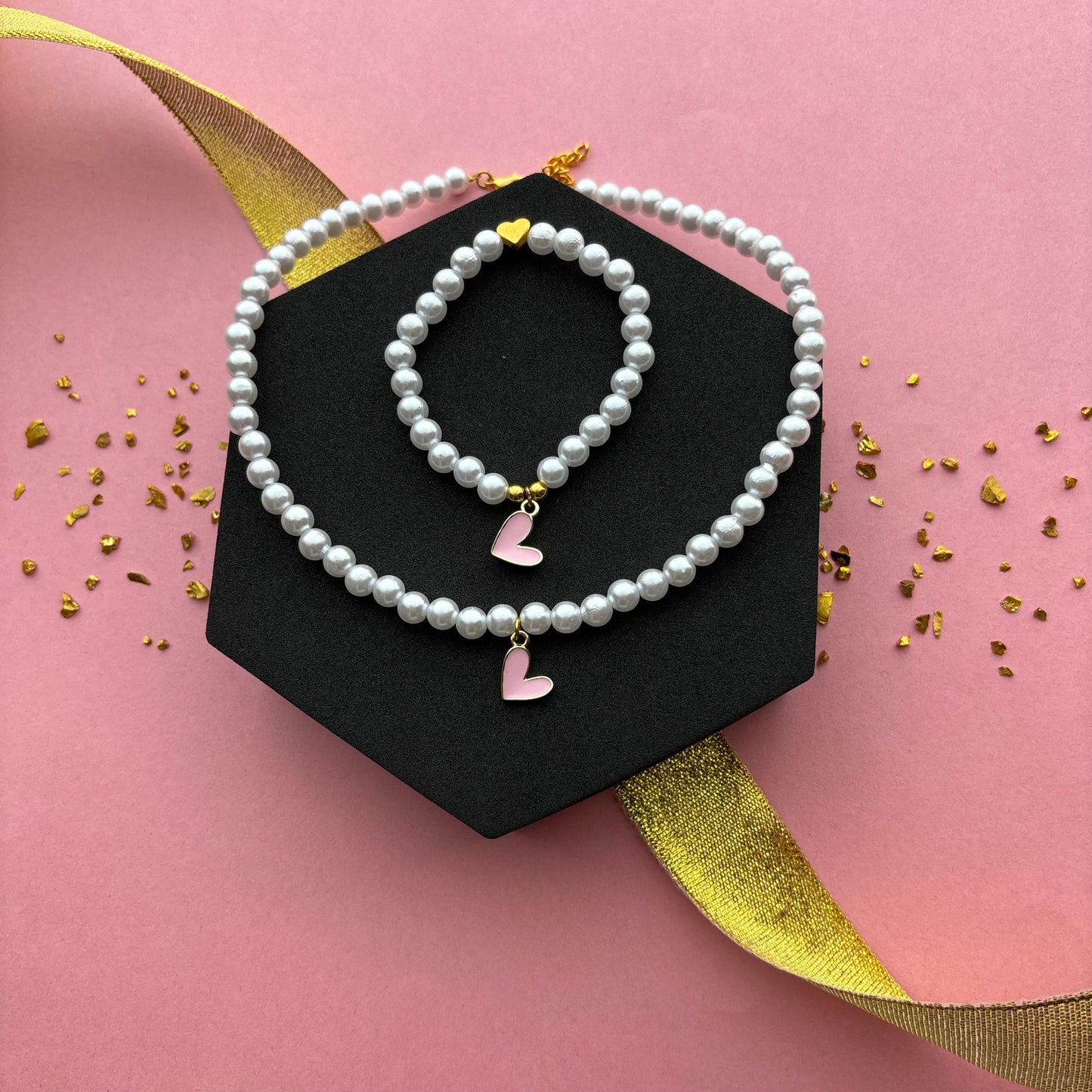 Kids Heart Charm Necklace & Bracelet Combo