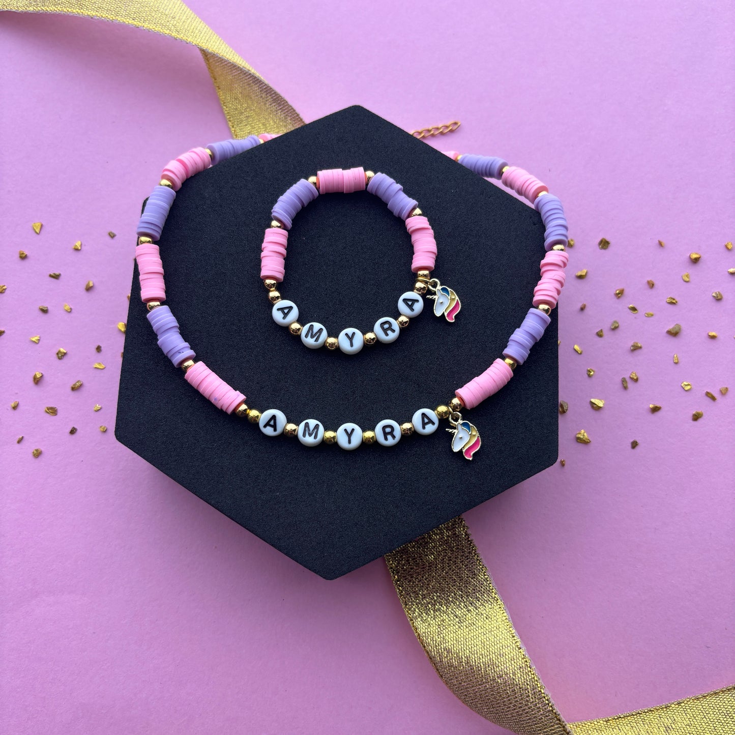 Kids Personalised Pink & Purple Fimo Necklace & Bracelet Combo
