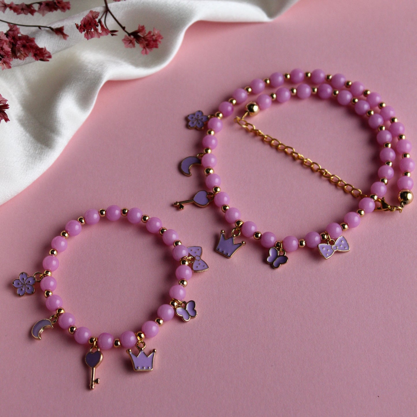 Kids Purple Multiple Charms Necklace & Bracelet Combo