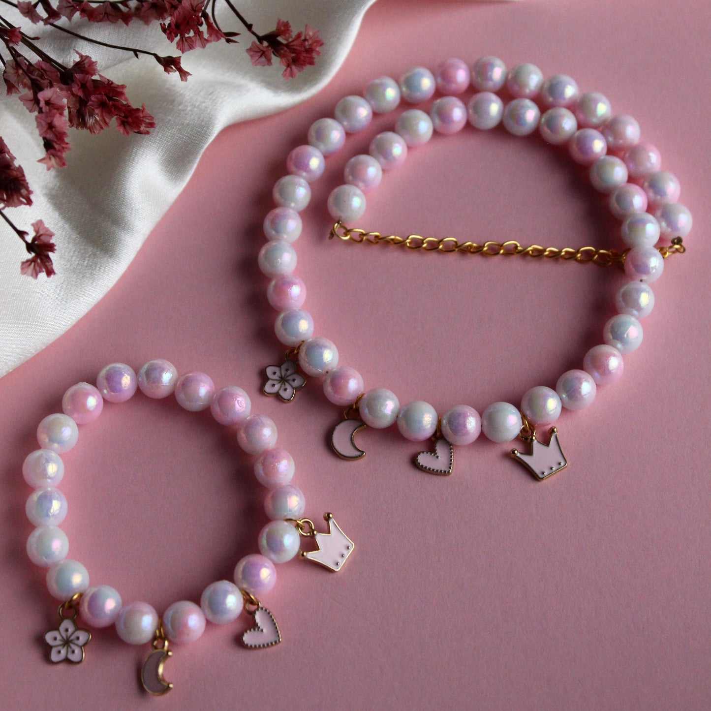 Kids Shaded Pink Multiple Charms Necklace & Bracelet Combo