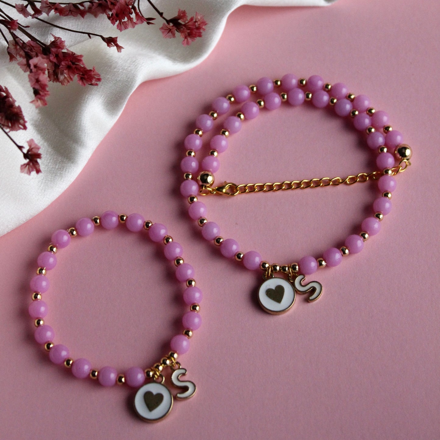 Kids Pink & Golden Initial with Heart Necklace & Bracelet Combo