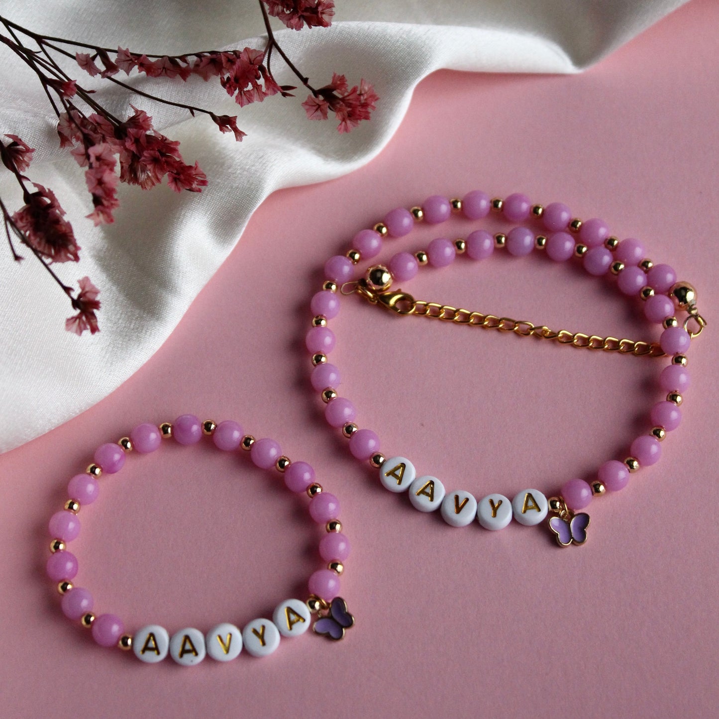 Kids Small Purple&Golden Beads Personalised Necklace & Bracelet Combo