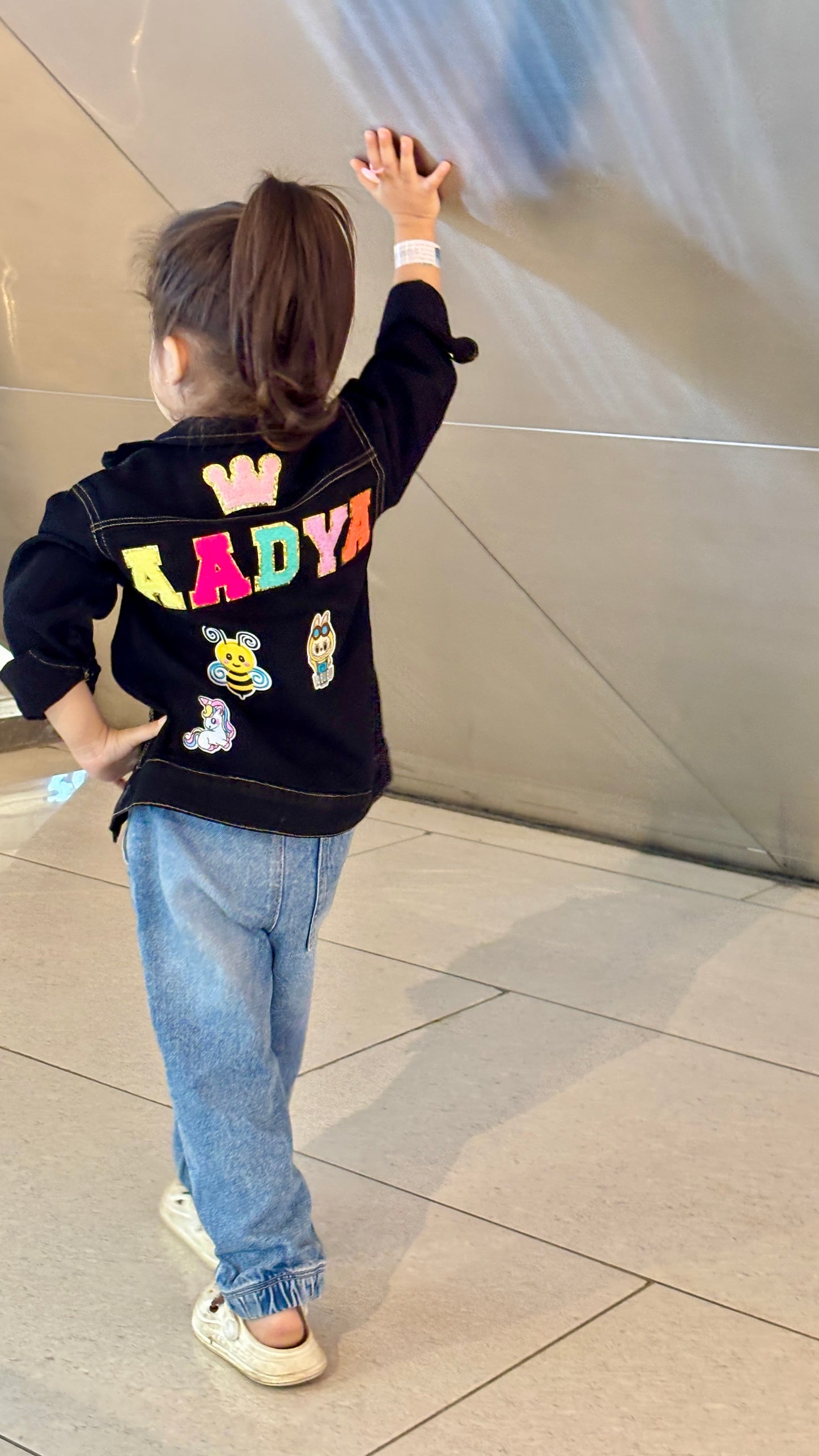 Personalised Black denim jacket for kids, Add your Name + Select your favourite patches - Minnie's World