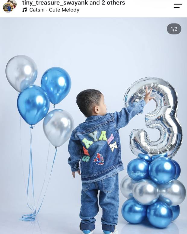 Swayank's third birthday in his personalised denim jacket