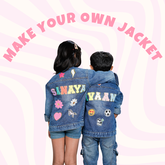 Collection of denim jacket, pink cap with 'A' design, sunglasses, and candy bars on a pink background