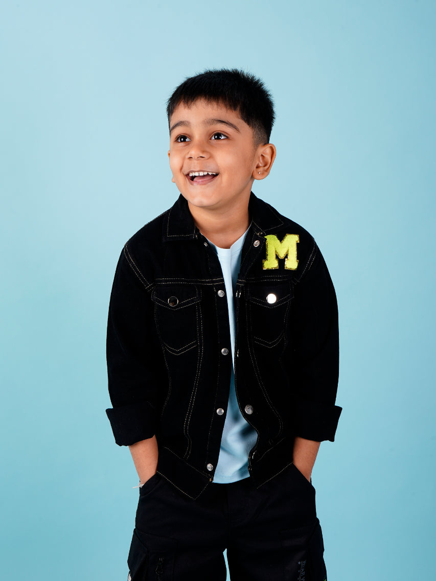 Personalised Black denim jacket for kids, Add your Name + Select your favourite patches - Minnie's World