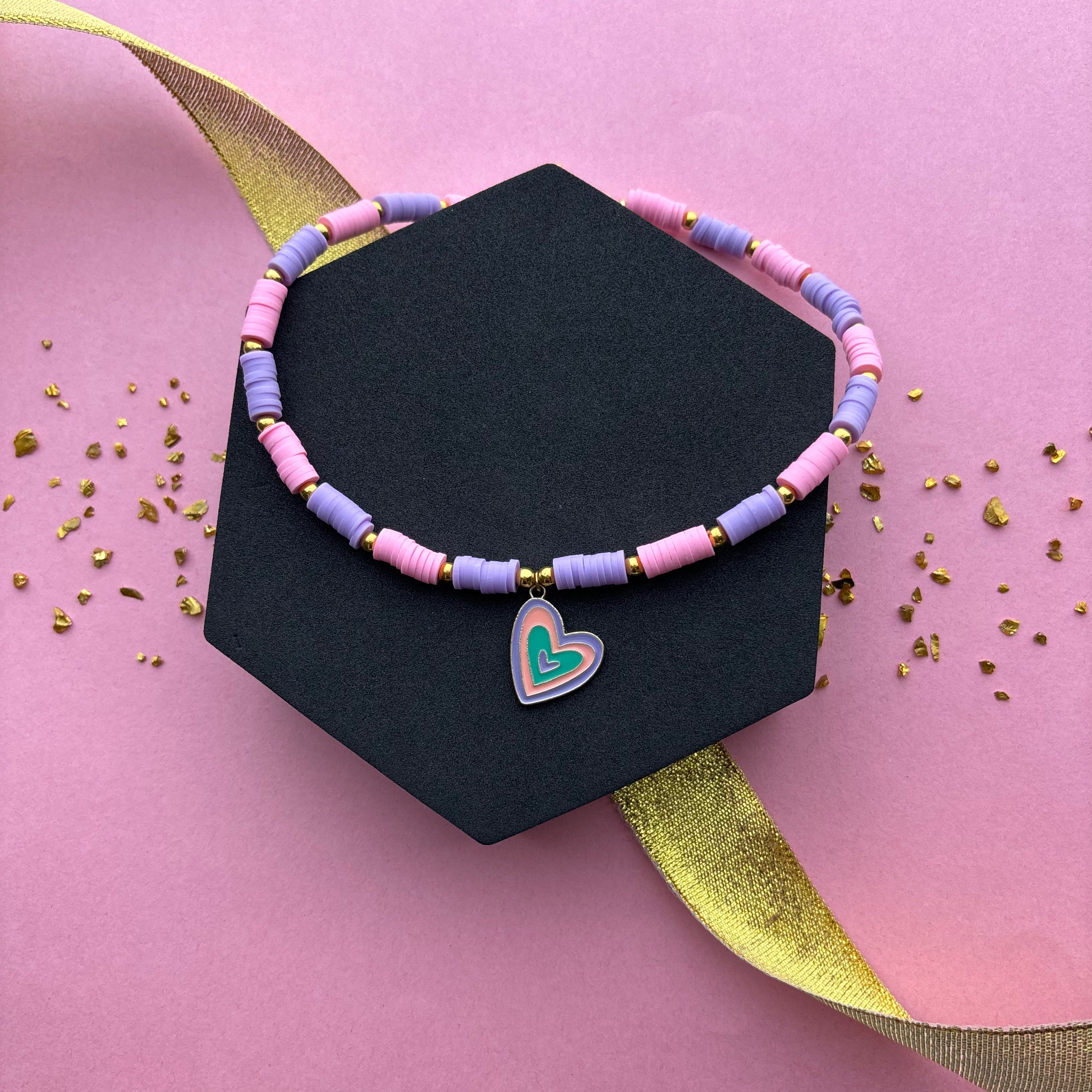 Kids Pink & Purple Fimo Beads Heart Necklace – Minnie's World